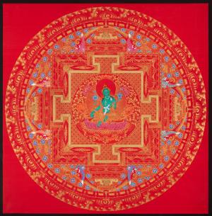 Green Tara Mandala Thangka Painting | Bright Red Mandala | Perfect For Wall Decoration | Travel Thangka Art | Spiritual Gift